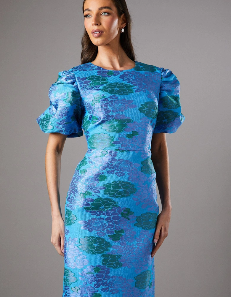 Blue Floral Puff Sleeve Midi Dress