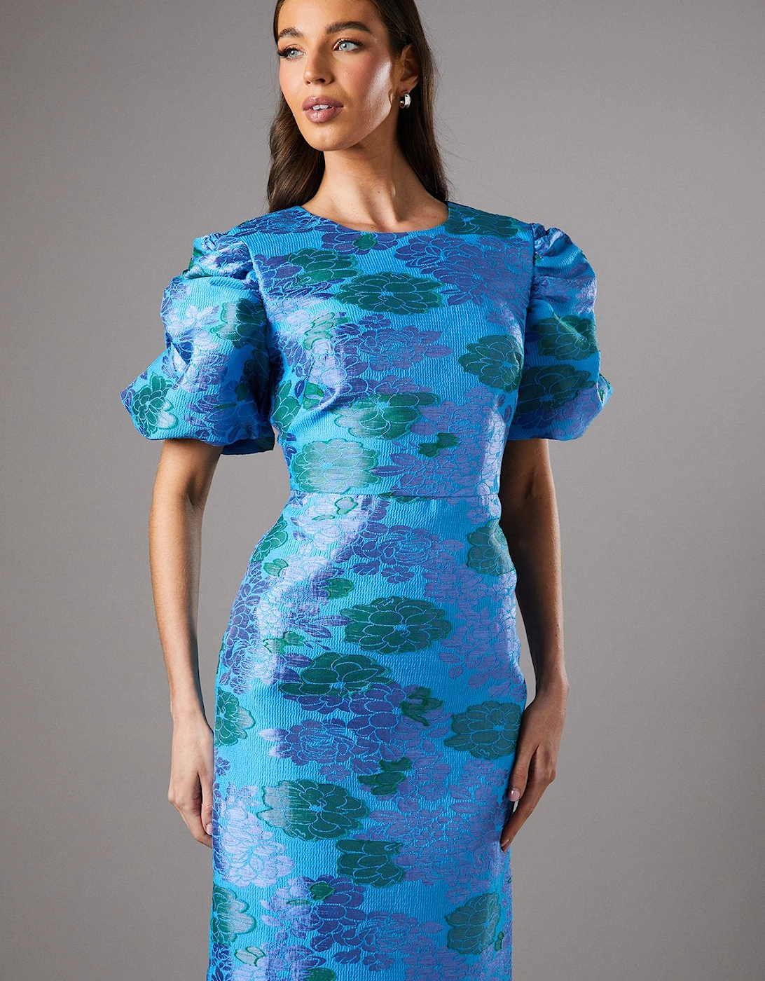 Blue Floral Puff Sleeve Midi Dress