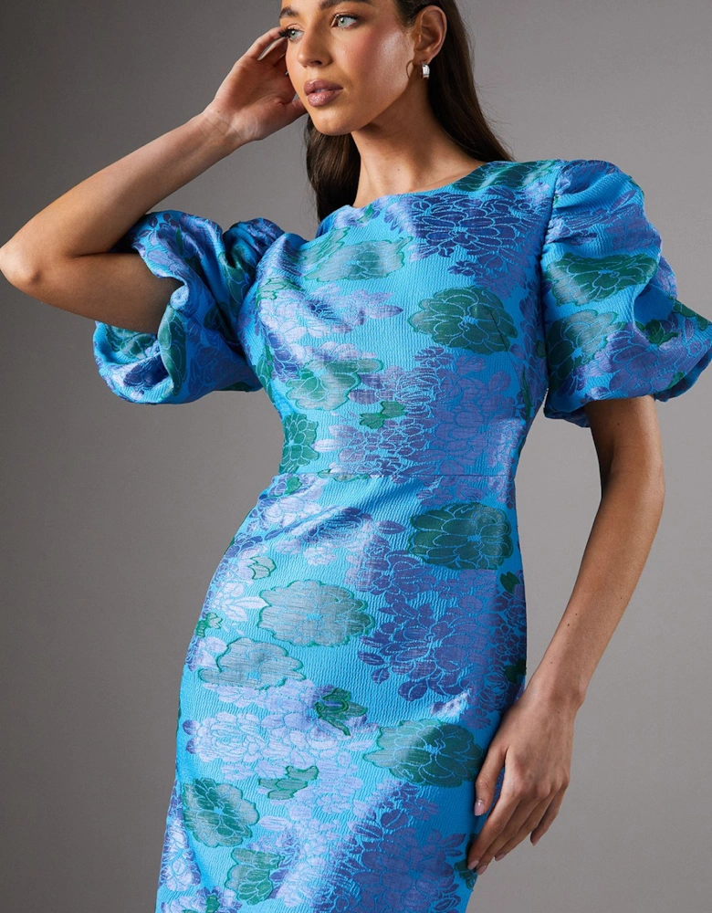 Blue Floral Puff Sleeve Midi Dress