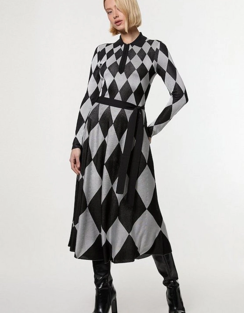 Slinky Knit Mono Jacquard Belted Maxi Dress