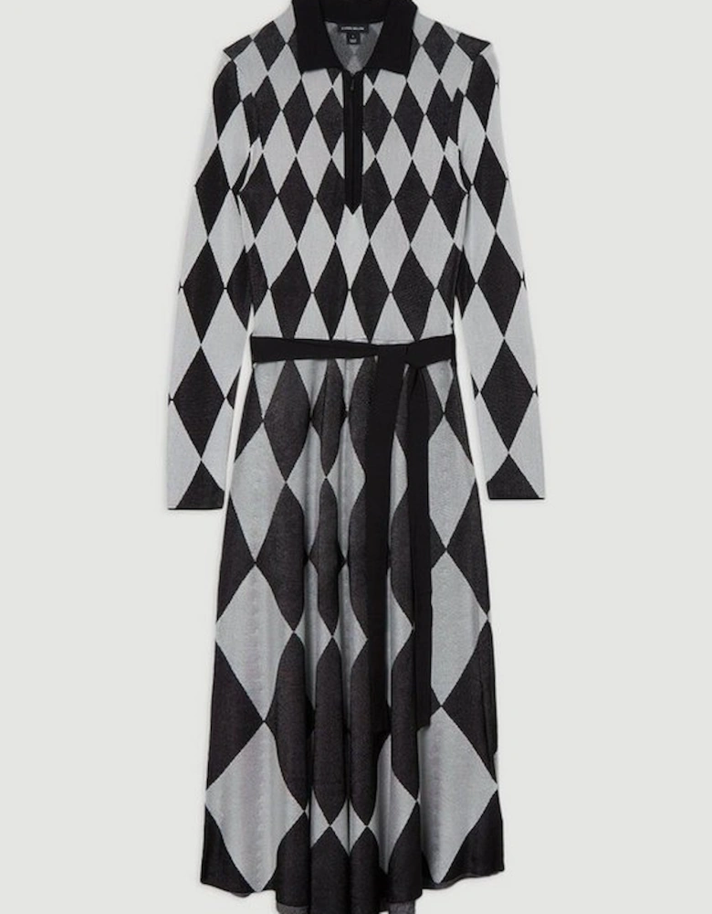 Slinky Knit Mono Jacquard Belted Maxi Dress