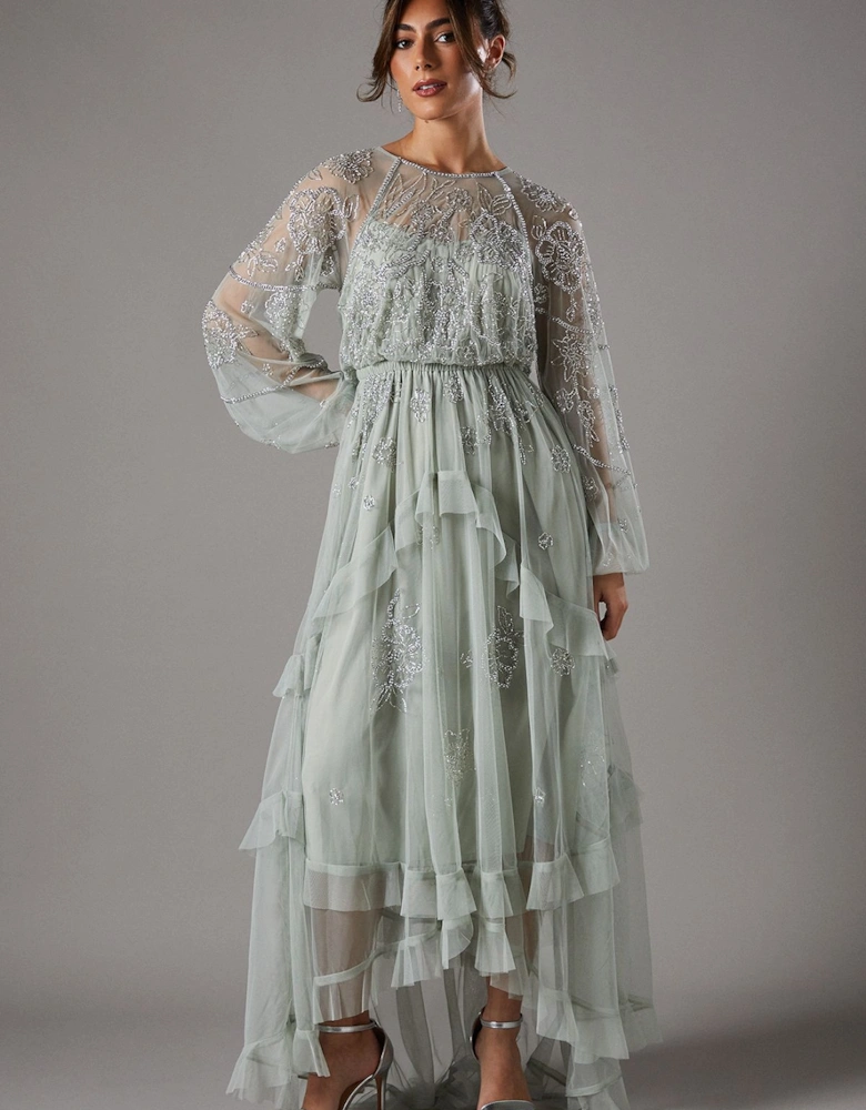 Embellished Frill Chiffon Maxi Dress