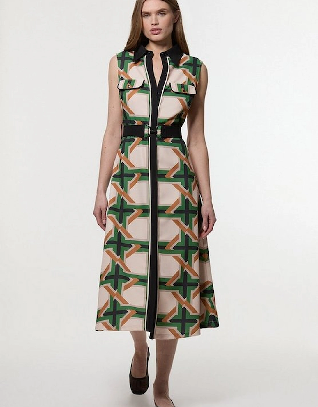 Twill Tie Border Print Woven Sleeveless Shirt Dress, 4 of 3