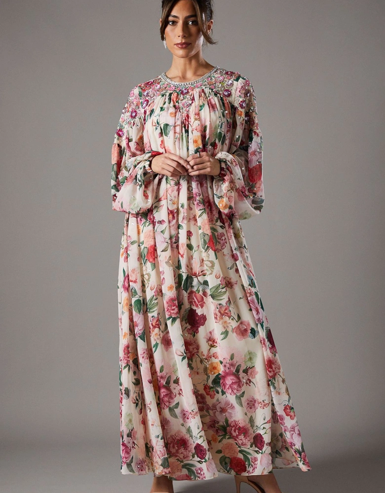 Chiffon Printed Maxi Dress With Embellishment