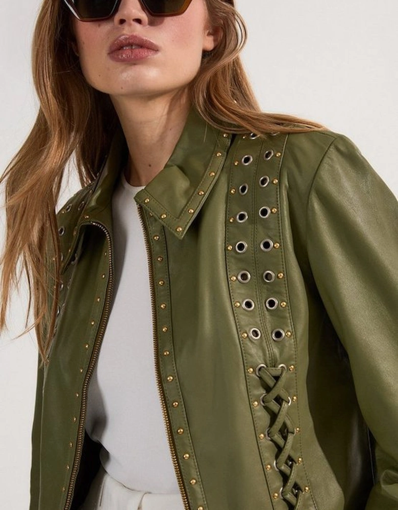 Leather Eyelet And Lace Trim Collared Jacket