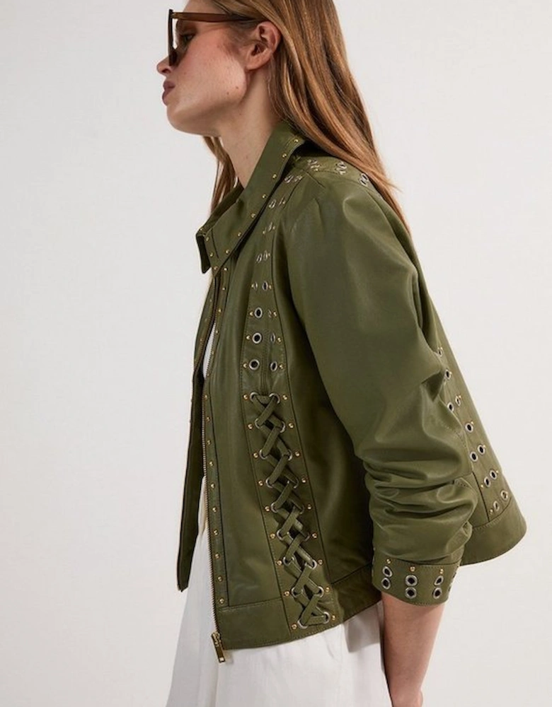 Leather Eyelet And Lace Trim Collared Jacket