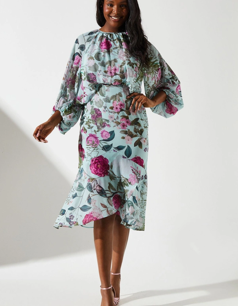 Printed Chiffon Blouson Midi Dress