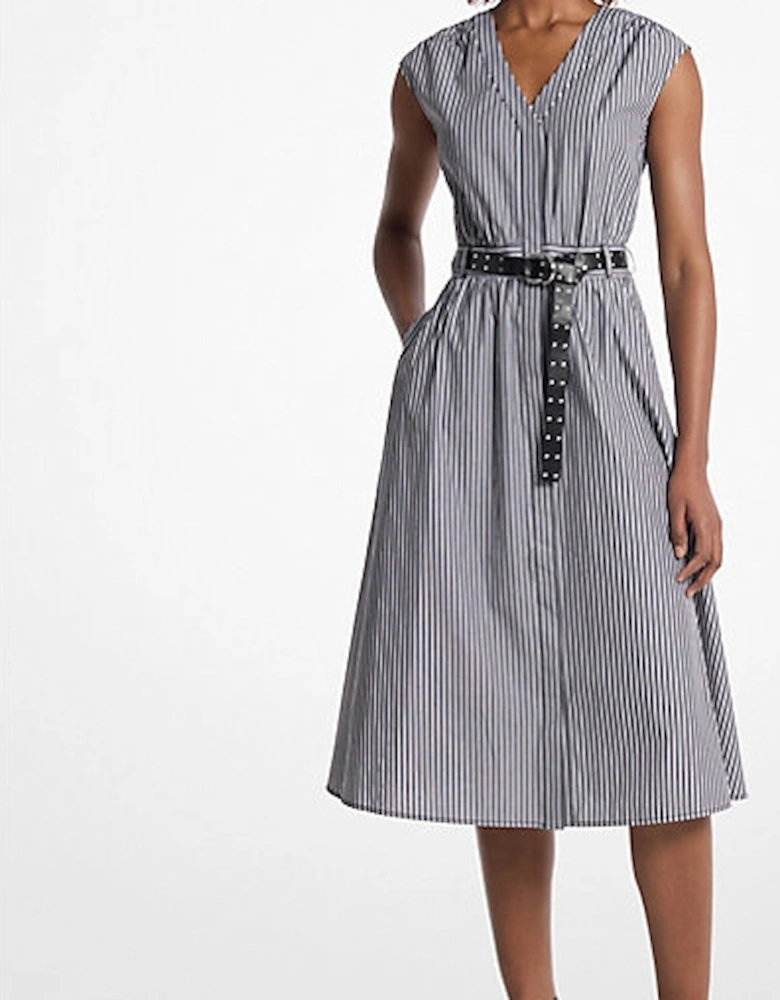 Striped Cotton Poplin Belted Midi Dress