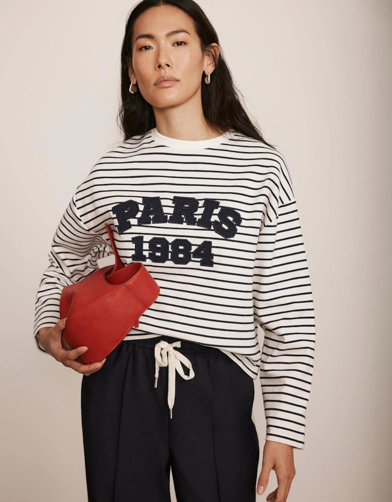 White Striped Paris Slogan Top - Navy