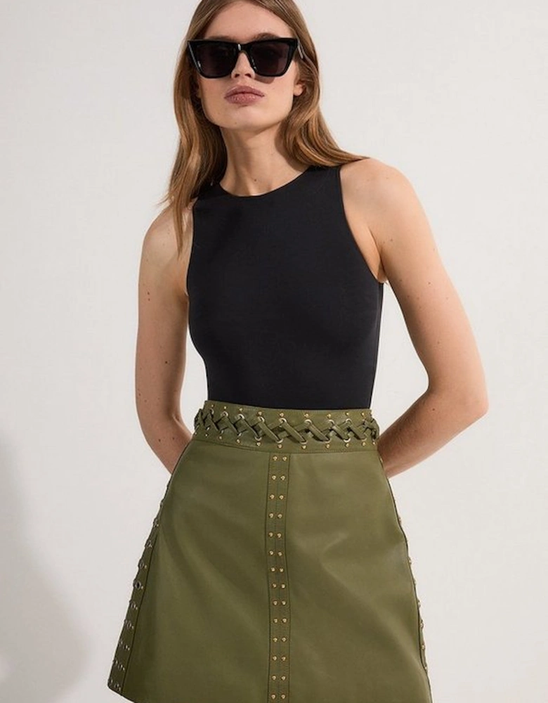 Leather Eyelet And Lace Trim Detail A Line Mini Skirt