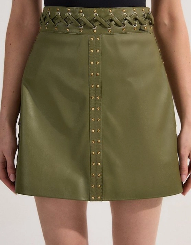 Leather Eyelet And Lace Trim Detail A Line Mini Skirt