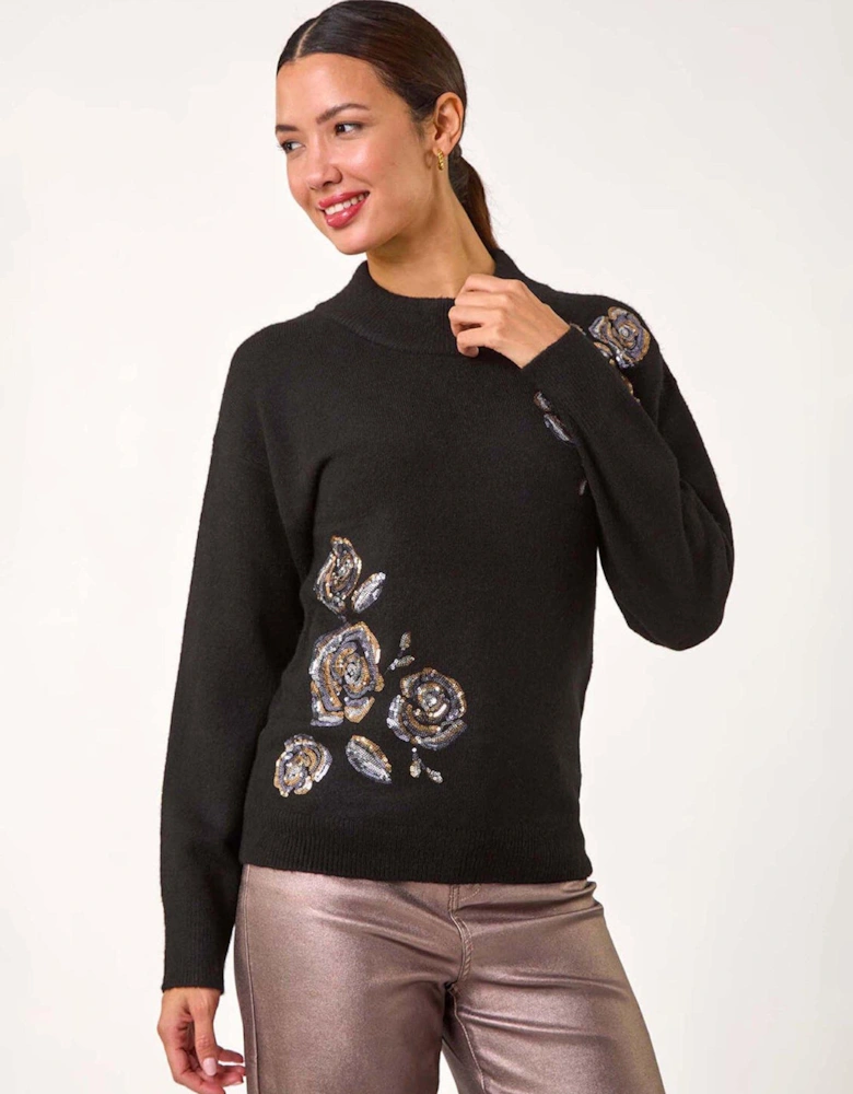 Floral Sequin Knit Jumper - Black