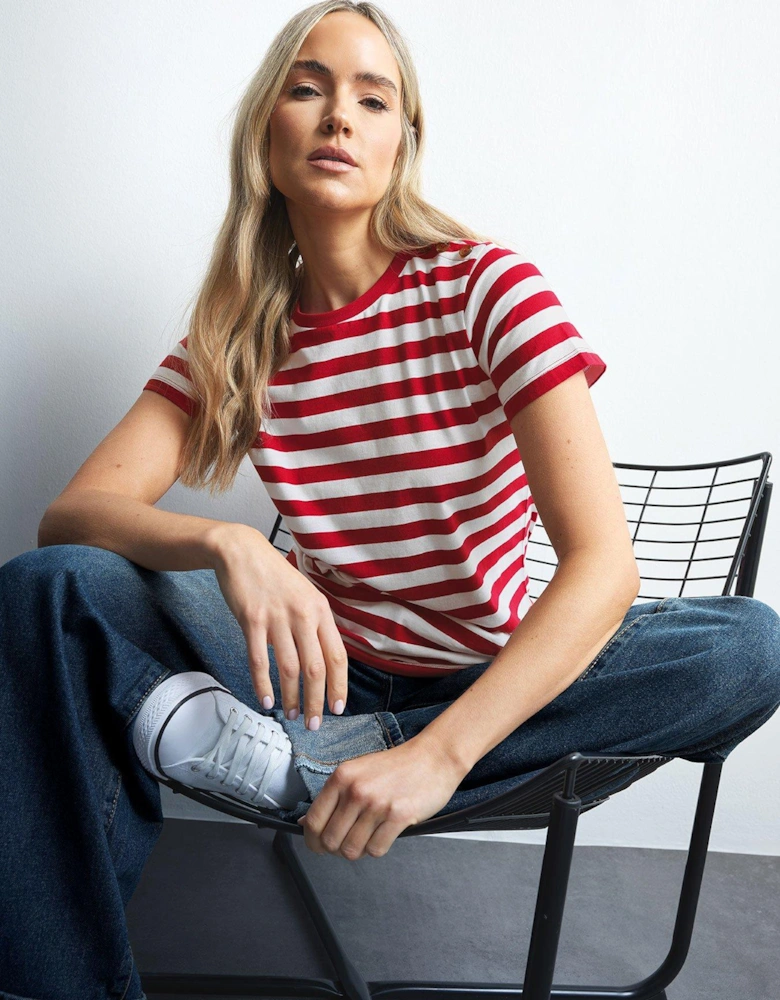 Stripe Button Shoulder T Shirt - Red