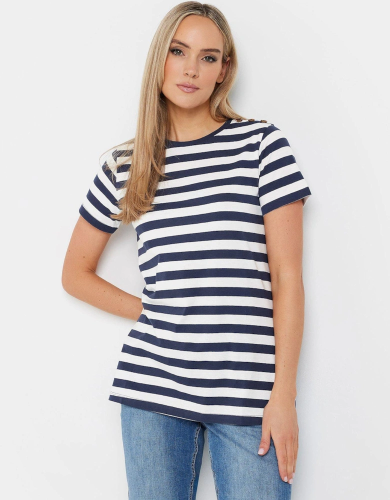 Stripe Button Shoulder T Shirt - Blue