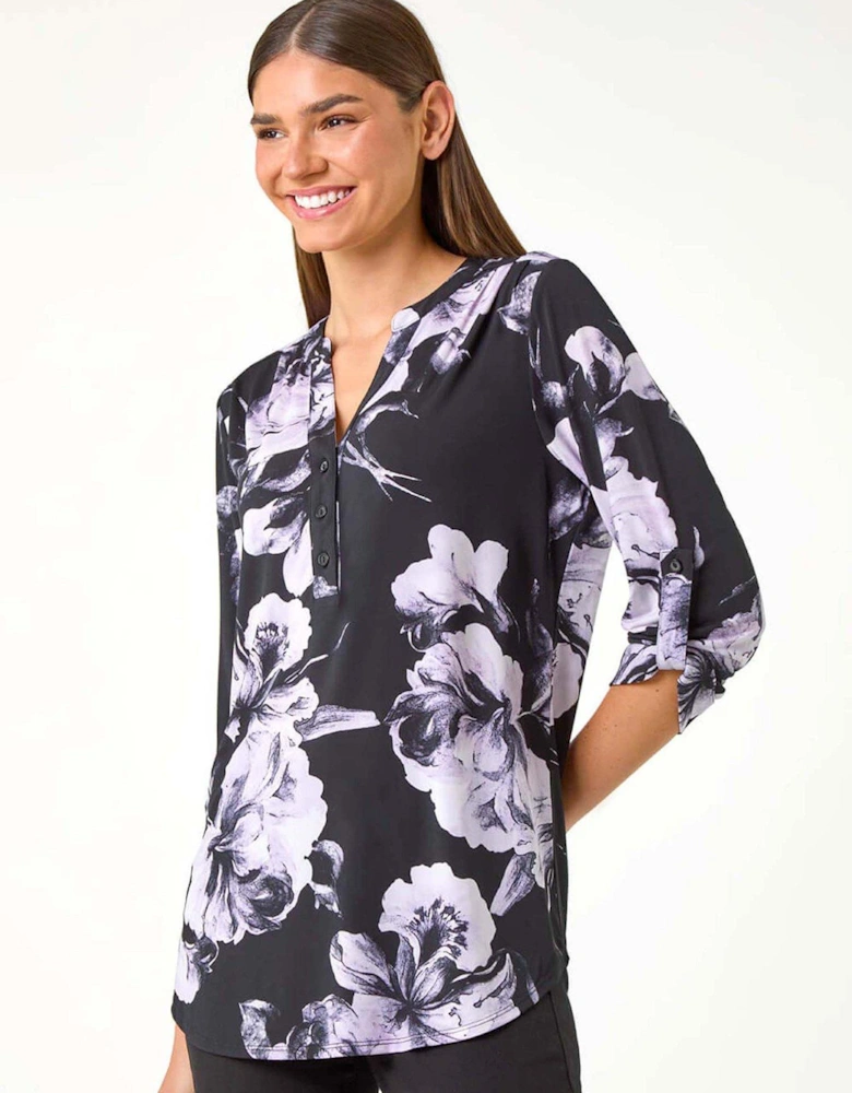 Floral Print Notch Neck Top - Purple