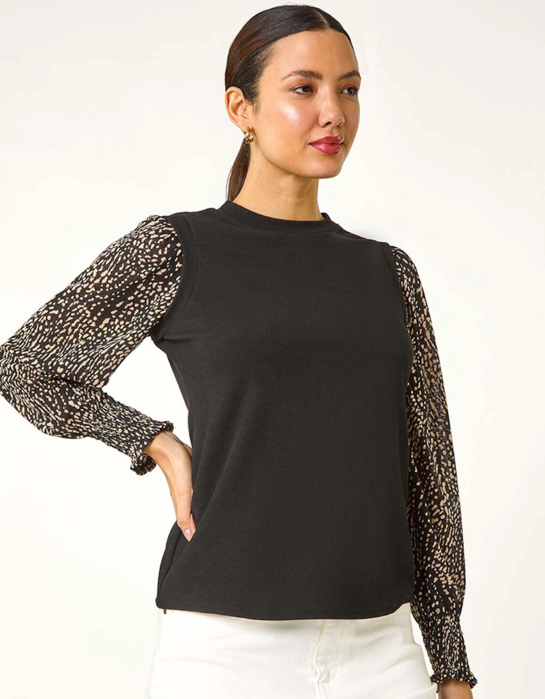 2 In 1 Print Mesh Sleeve Top - Black