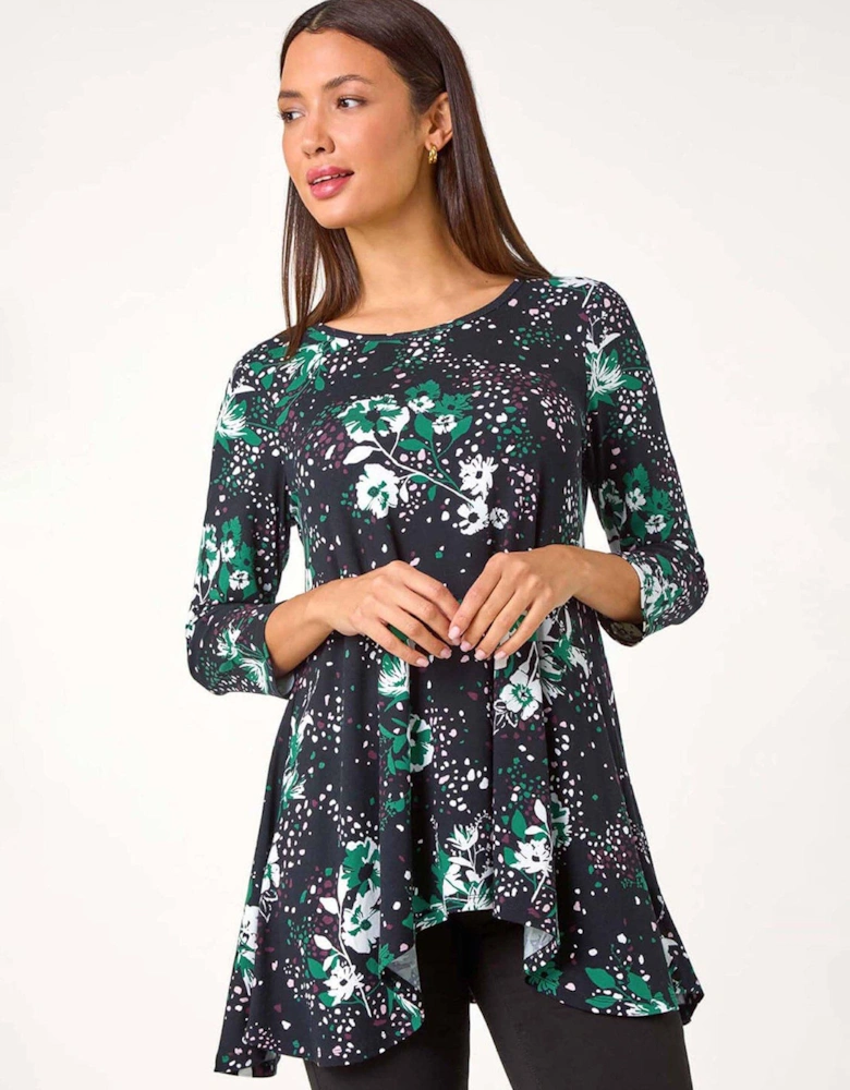 Floral Hanky Hem Stretch Tunic Top - Green