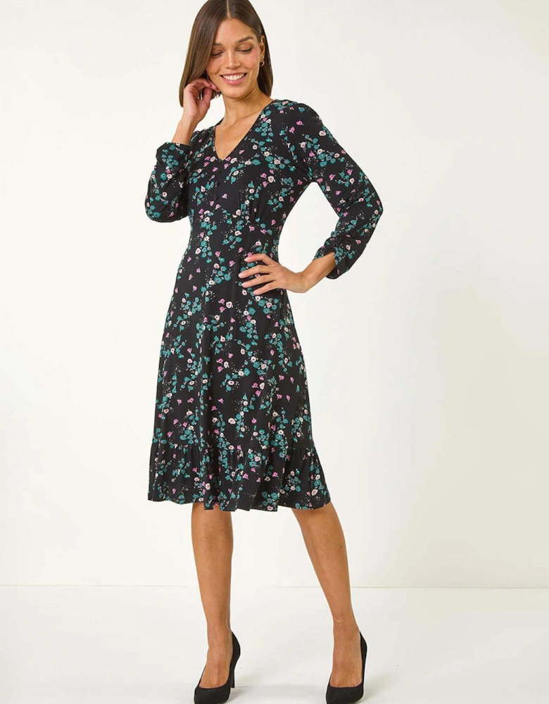 Floral Print Button Tea Stretch Dress - Black