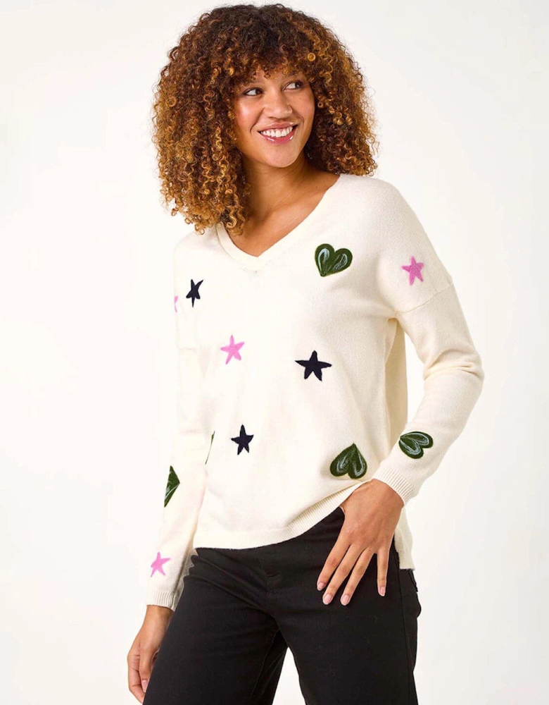 Heart & Star V-neck Flock Jumper - White