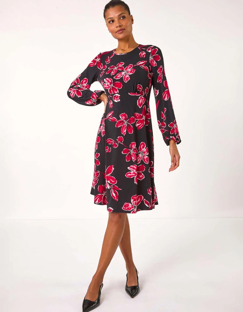 Floral Print Tea Stretch Dress - Red