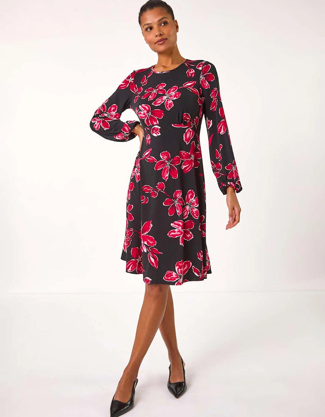 Floral Print Tea Stretch Dress - Red, 2 of 1