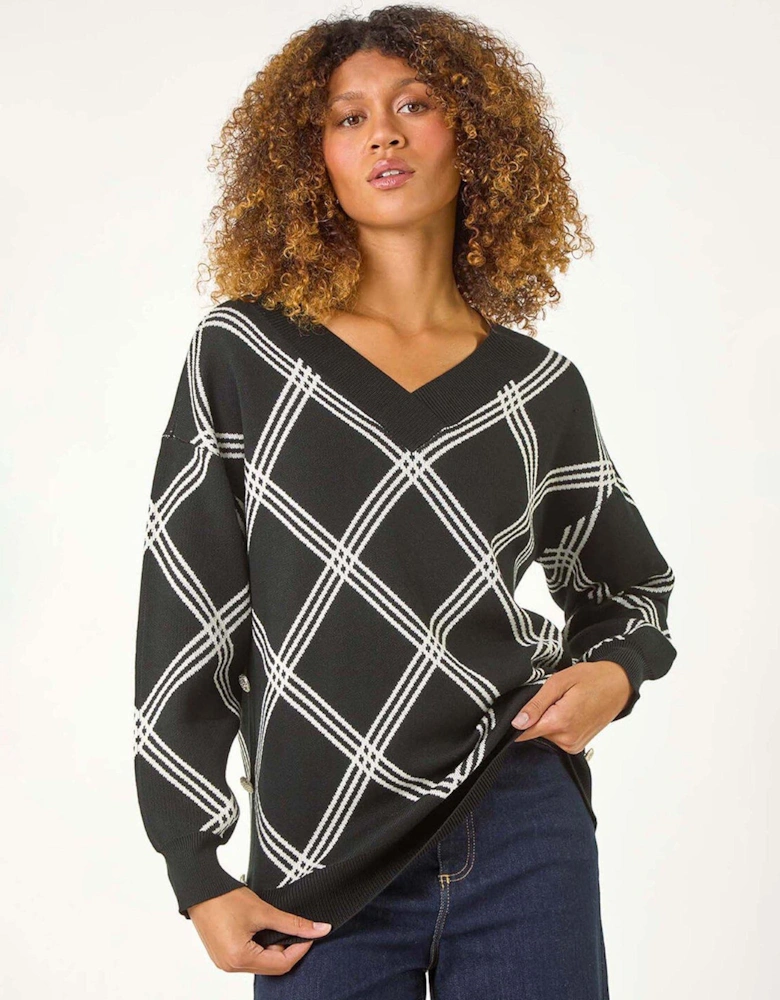 Check Patterned V-neck Knit Jumper - Black