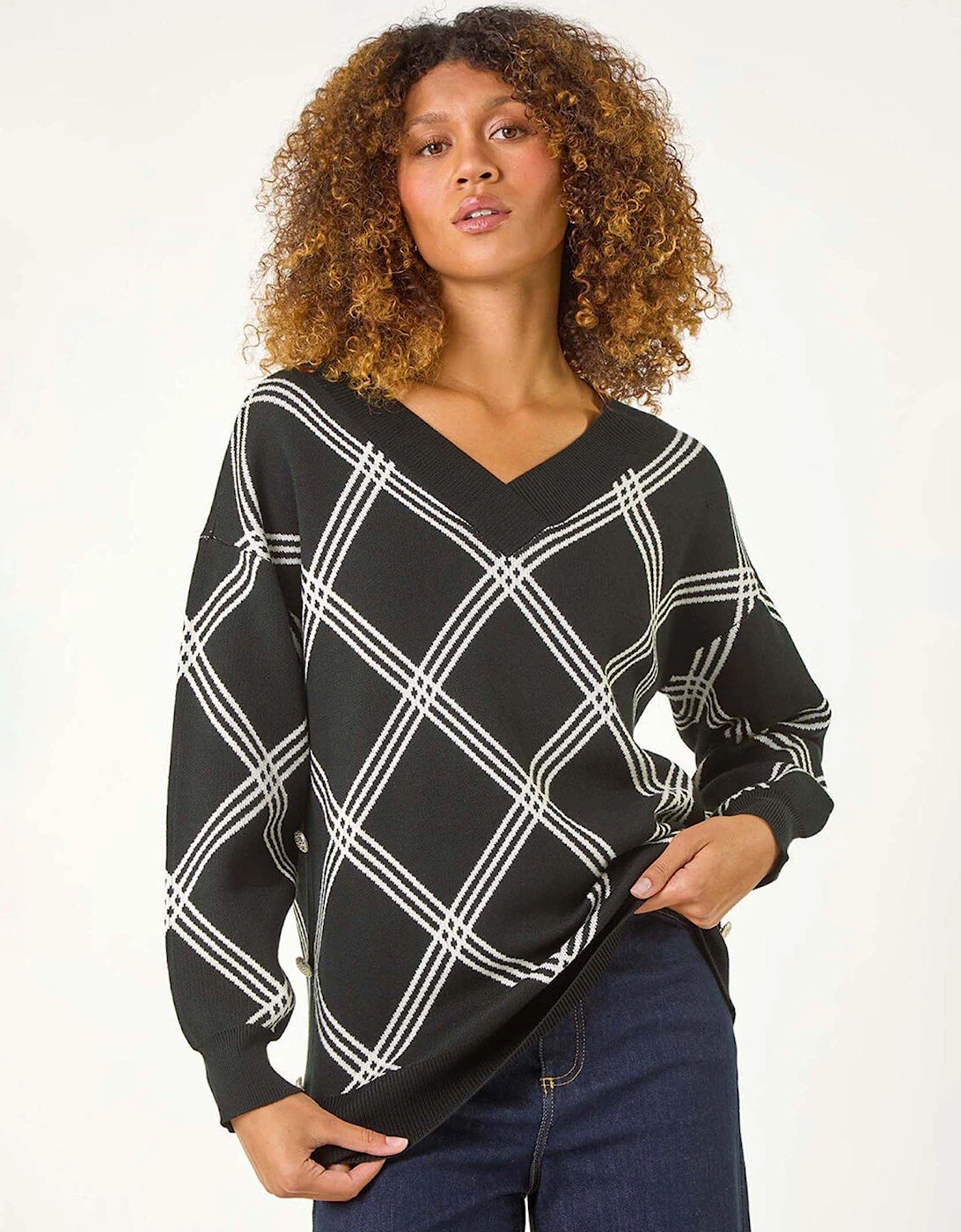 Check Patterned V-neck Knit Jumper - Black, 2 of 1