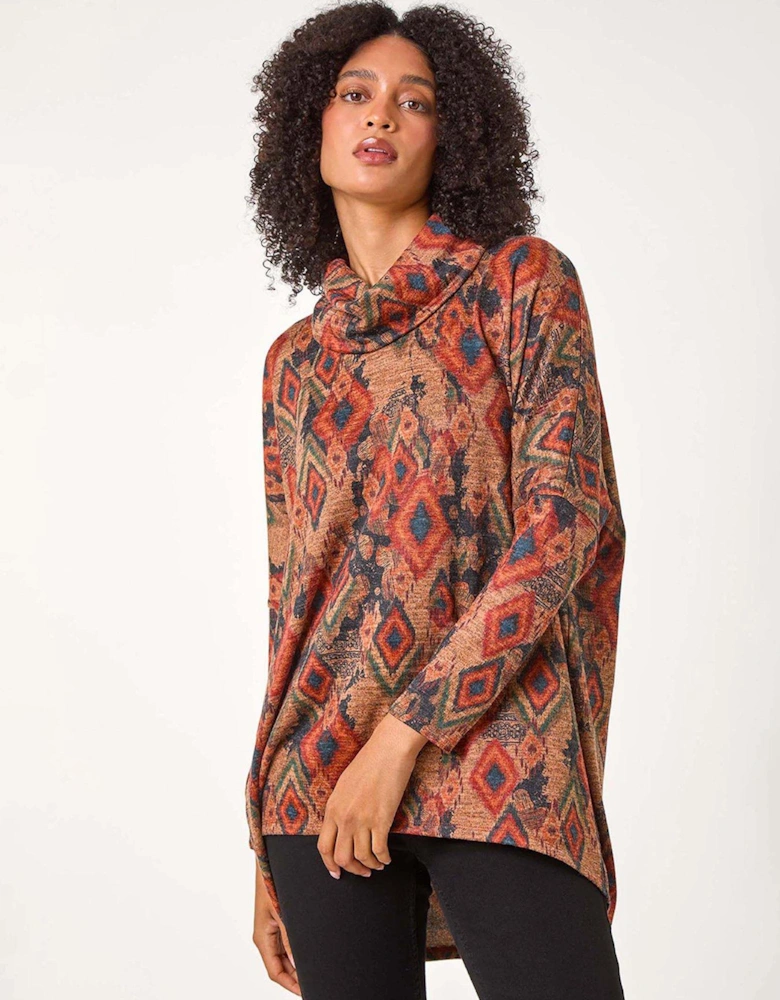 Aztec Print Cowl Neck Tunic Top - Beige