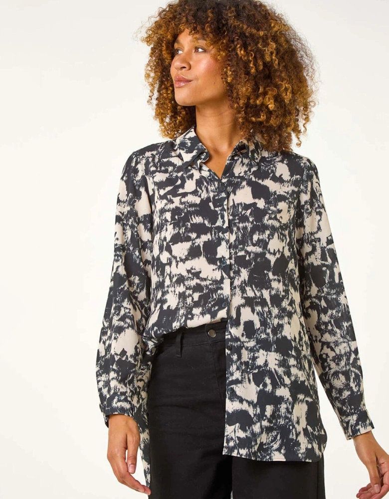 Abstract Print Collar Button Detail Blouse - Black