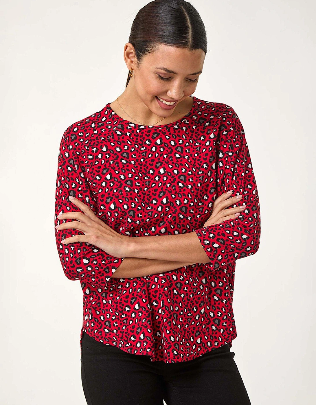 Animal Print Raglan Sleeve Stretch Top - Red, 2 of 1