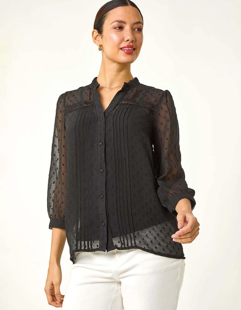 Dobby Lace Front Pleated Blouse - Black