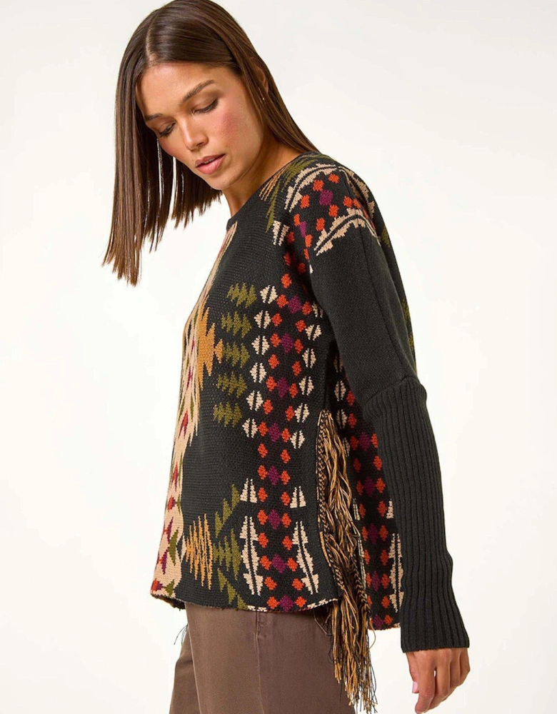 Tribal Pattern Fringe Jumper - Black