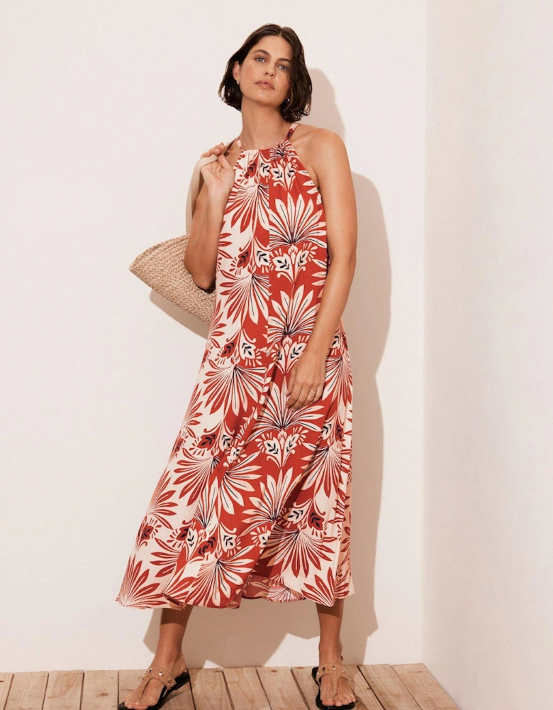 Orange Floral Print Midi Dress - Red