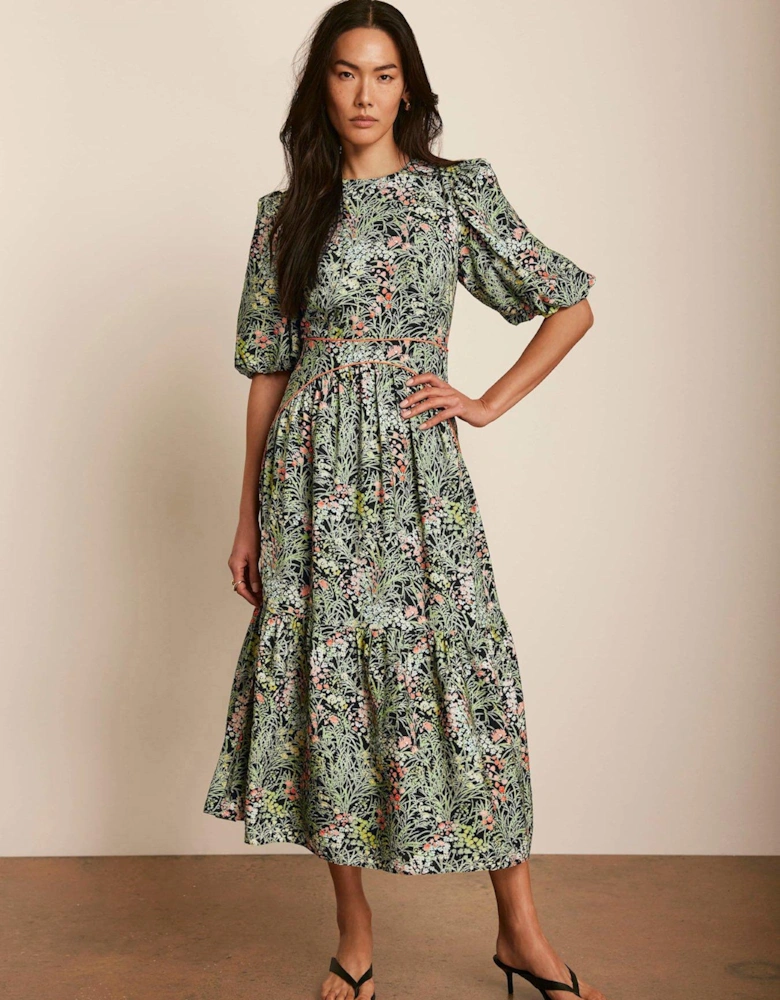 Green Floral Print Midi Dress - Black