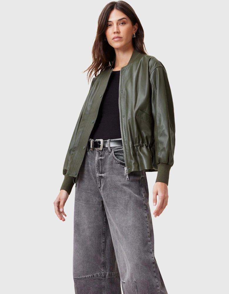 Sofi Drawstring Leather Bomber Jacket - Green