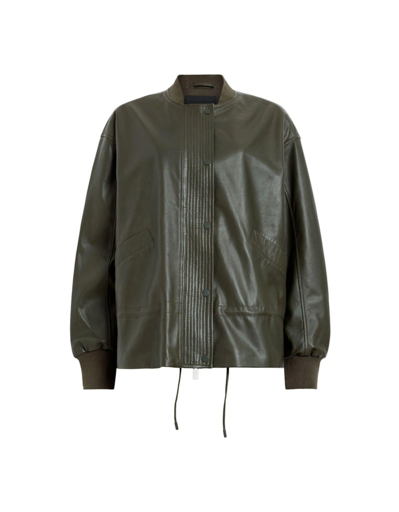 Sofi Drawstring Leather Bomber Jacket - Green