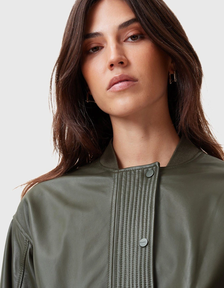 Sofi Drawstring Leather Bomber Jacket - Green