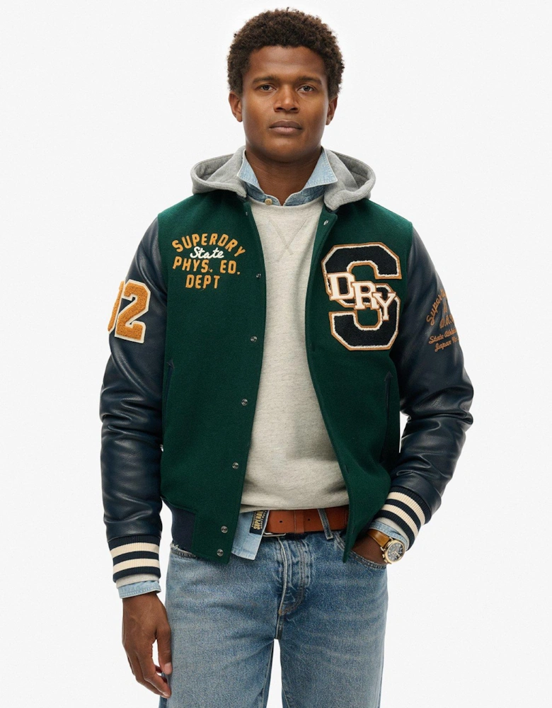 Collegiate Patchwork Bomber Jacket - Dark Green