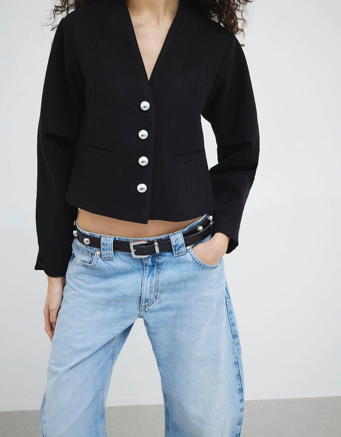 Collarless Button Up Jacket - Black