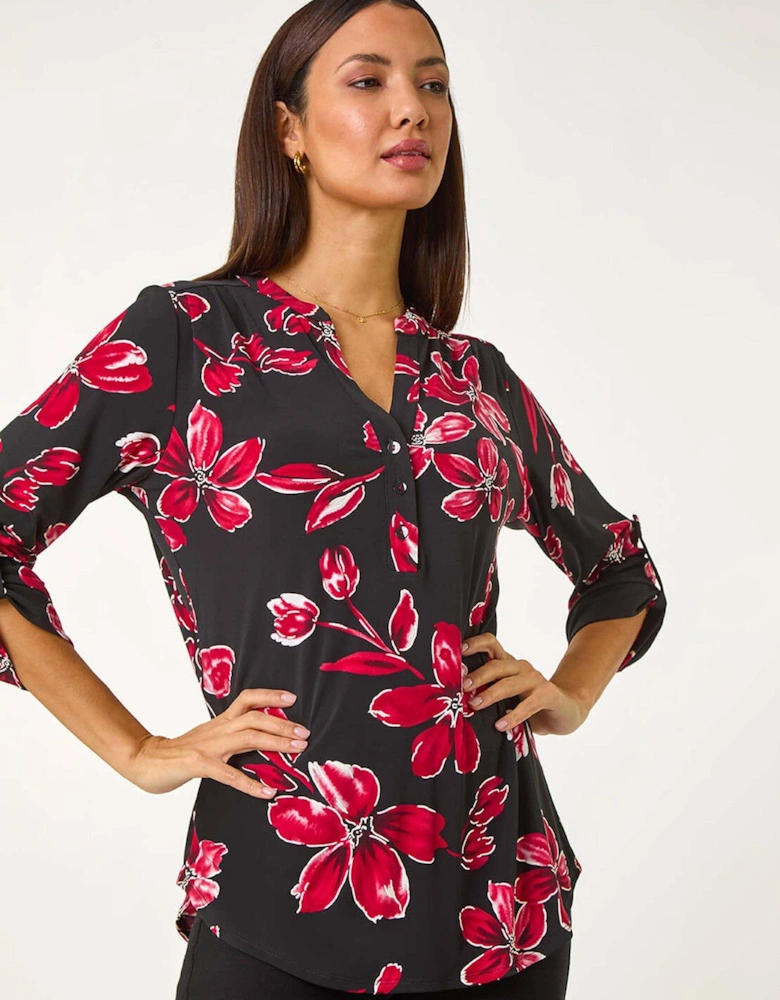 Textured Floral Print V-neck Stretch Shirt - Red