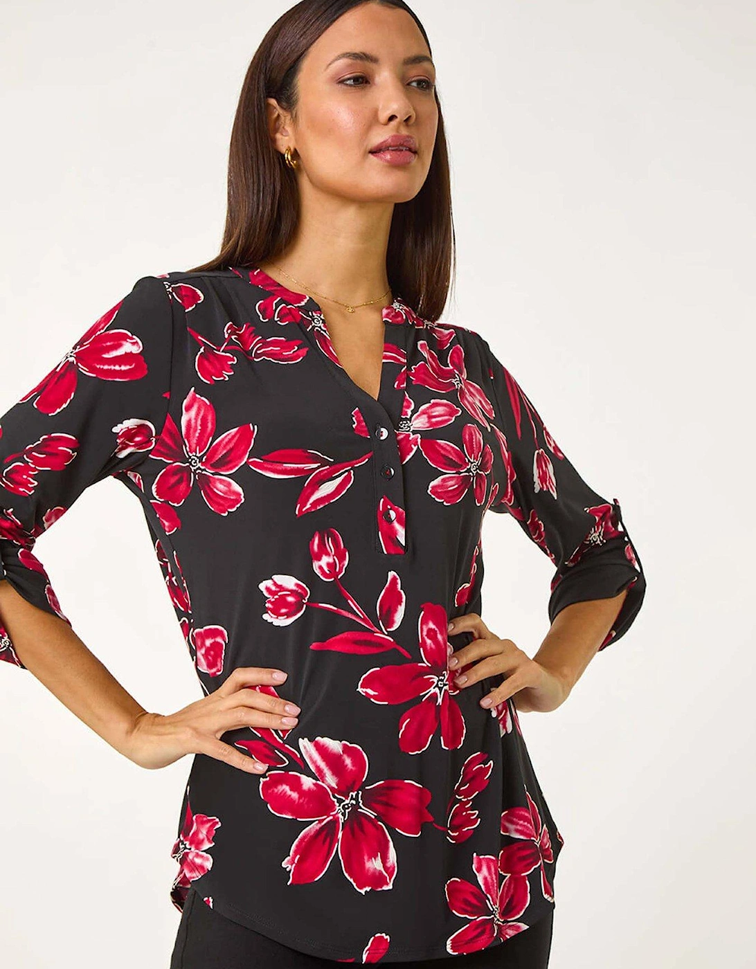 Textured Floral Print V-neck Stretch Shirt - Red, 2 of 1