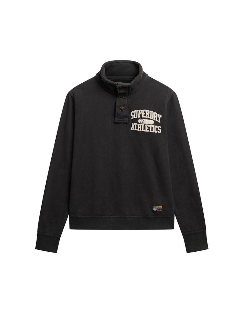 Vintage Athletic Logo Henley Crew Sweat Top - Black