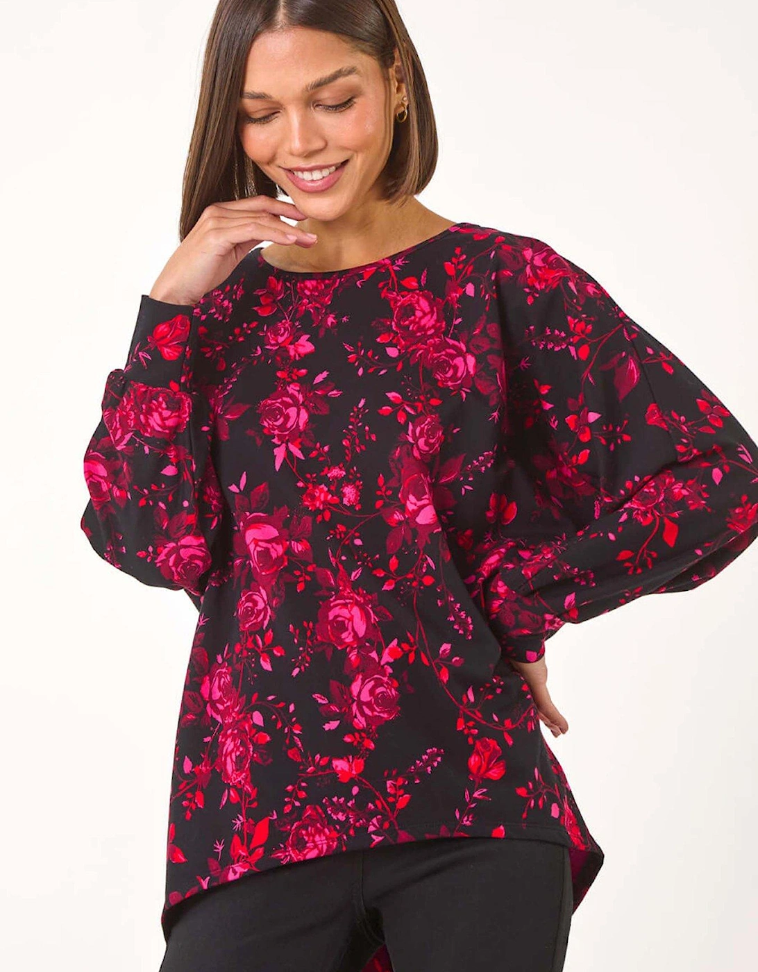 Rose Floral Print Stretch Hem Top - Pink, 2 of 1