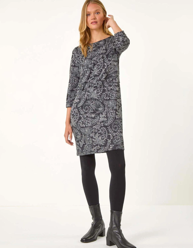 Paisley Button Detail Shift Dress - Grey