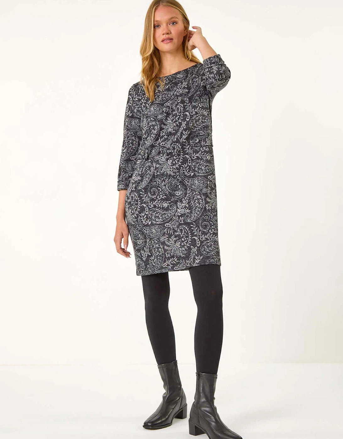 Paisley Button Detail Shift Dress - Grey, 2 of 1