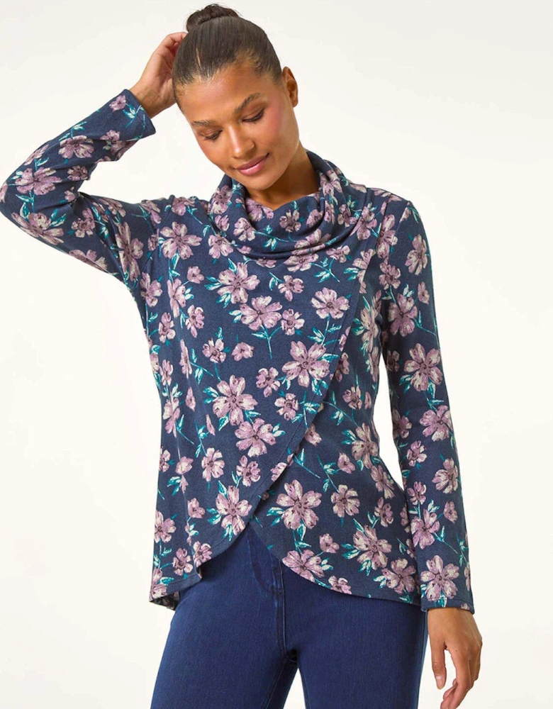 Cowl Neck Floral Snit Top - Navy