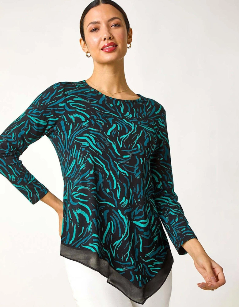 Linear Print Chiffon Hem Stretch Top - Green