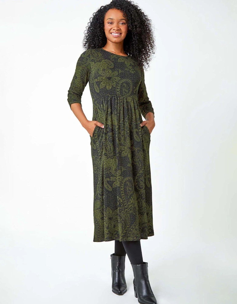 Petite Paisley Print Ruched Midi Dress - Green