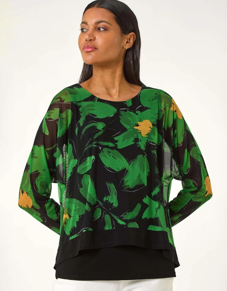 Floral Mesh Overlay Stretch Top - Green