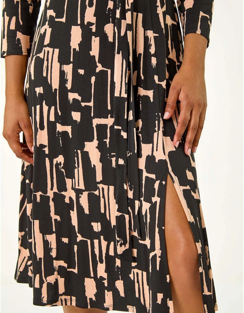 Stretch Abstract Belted Dress - Black